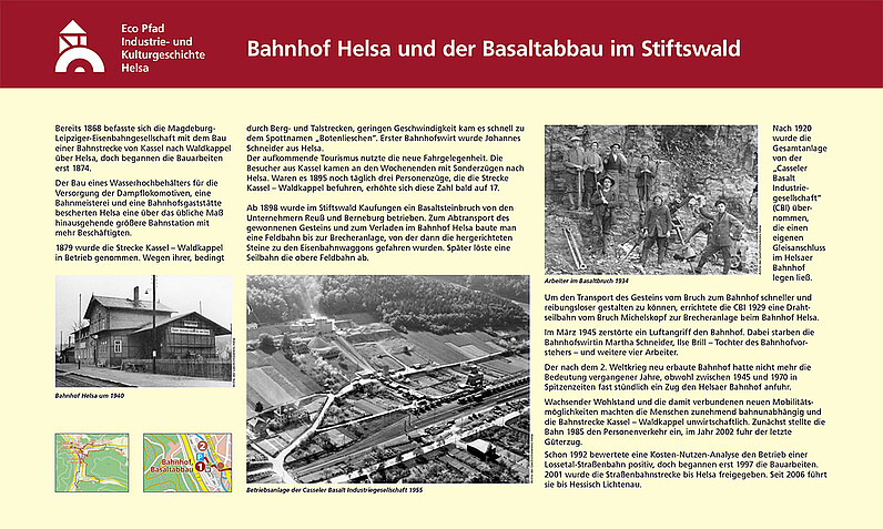 Tafel Bahnhof Helsa und der Basaltabbau im Stiftswald