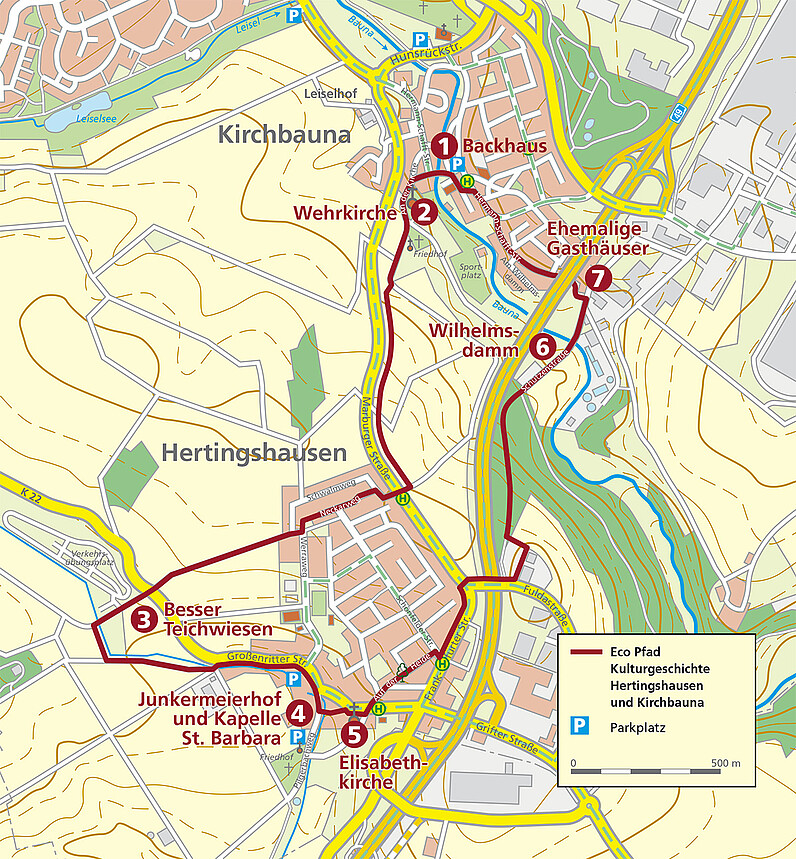Karte Eco Pfad Kulturgeschichte Hertingshausen und Kirchbauna