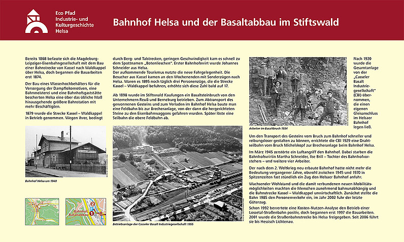 Tafel Bahnhof Helsa und der Basaltabbau im Stiftswald Tafel Bahnhof Helsa und der Basaltabbau im Stiftswald